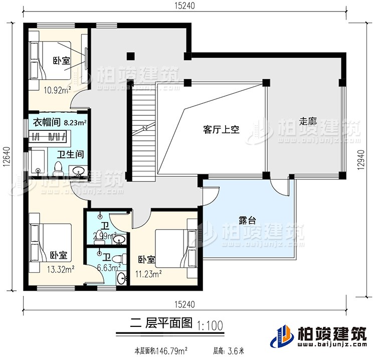 二层：3卧室，内卫，公卫，起居室，楼梯，阳台，露台，书房